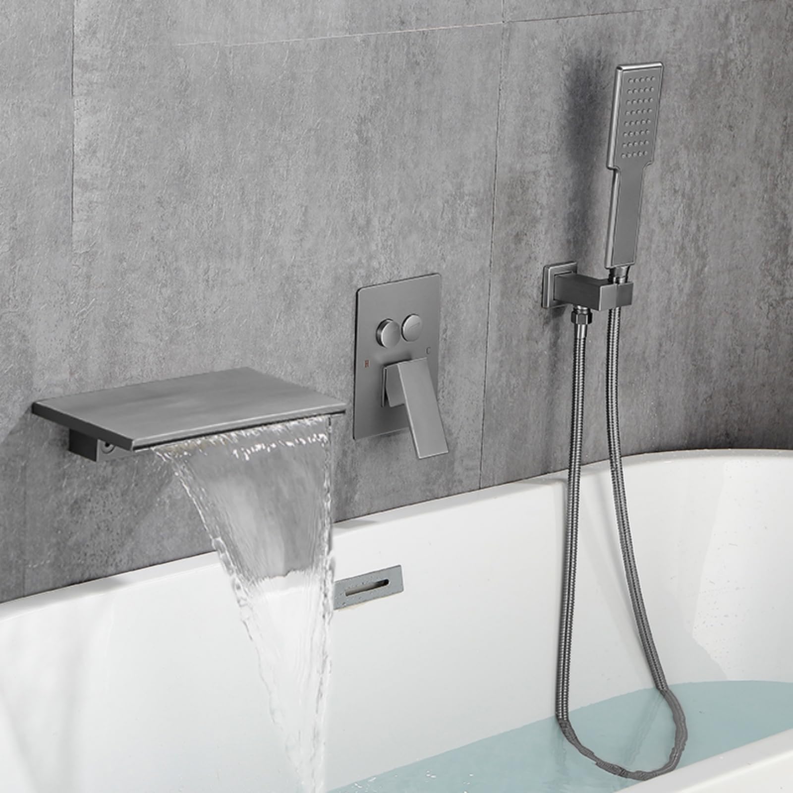 Mélangeur cascade de baignoire mural gris avec douchette et tuyau LWX