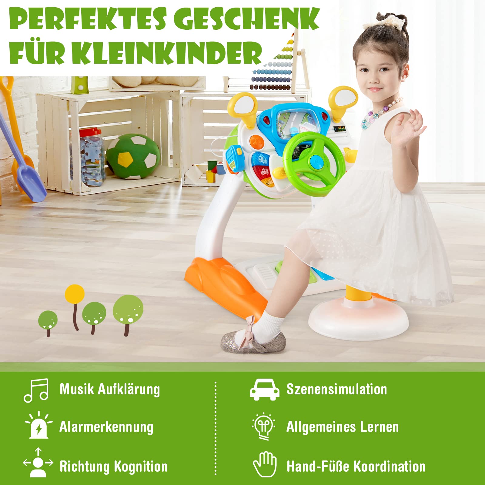 GOPLUS Zabawka dla dzieci z kierownicą, interaktywna zabawka do jazdy ze światłami i dźwiękami, megafon i taboret, realistyczna zabawka edukacyjna, dla chłopców i dziewczynek od 3 lat