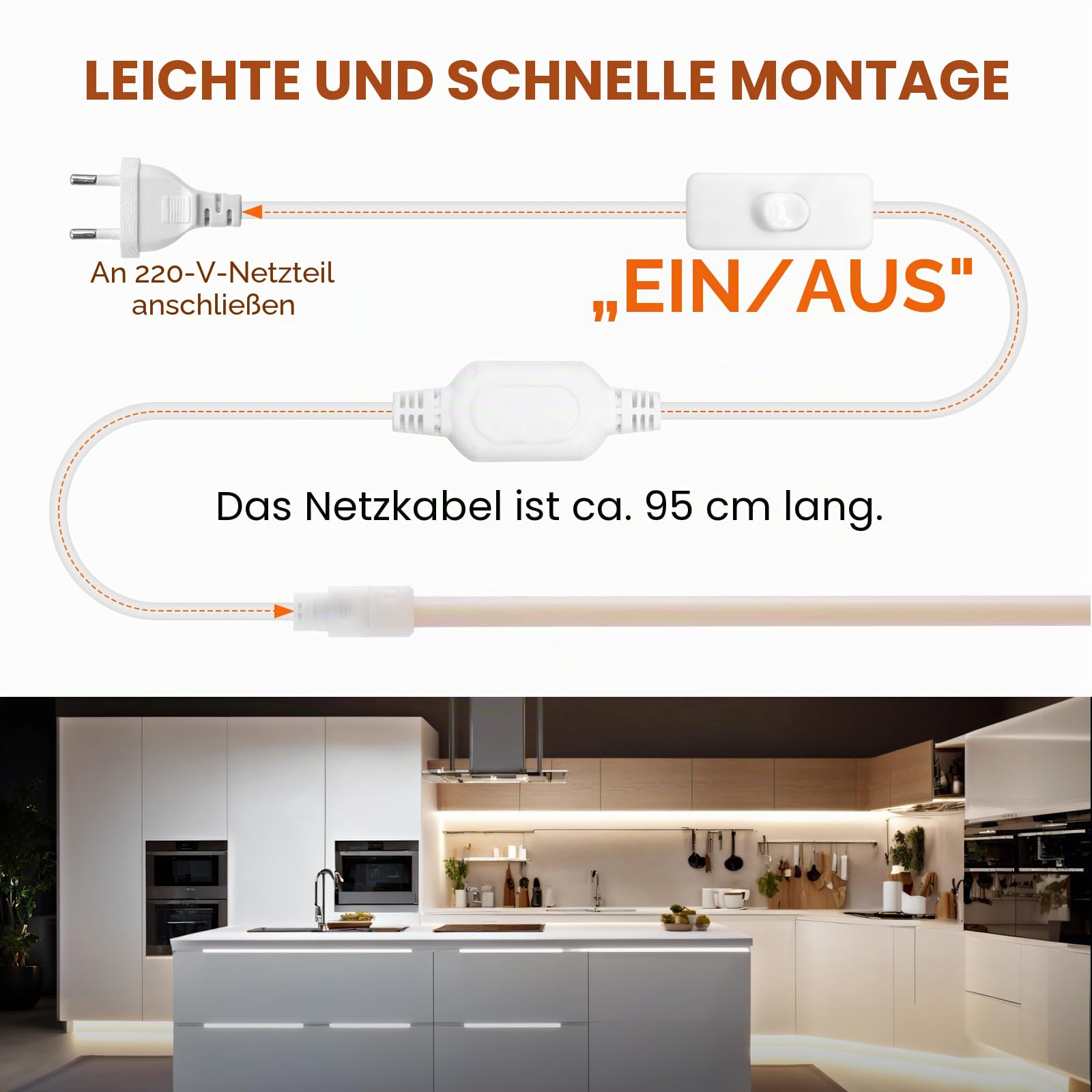 KISUFU 230V COB Neon LED Streifen, 288 LEDs/m Wasserdicht IP65 Schnitt alle 50cm, 220V LED Band Light Strip mit ON/OFF Schalter für Küche, Badezimmer, Werkbank, Die außendekoration.warm weiß,15M