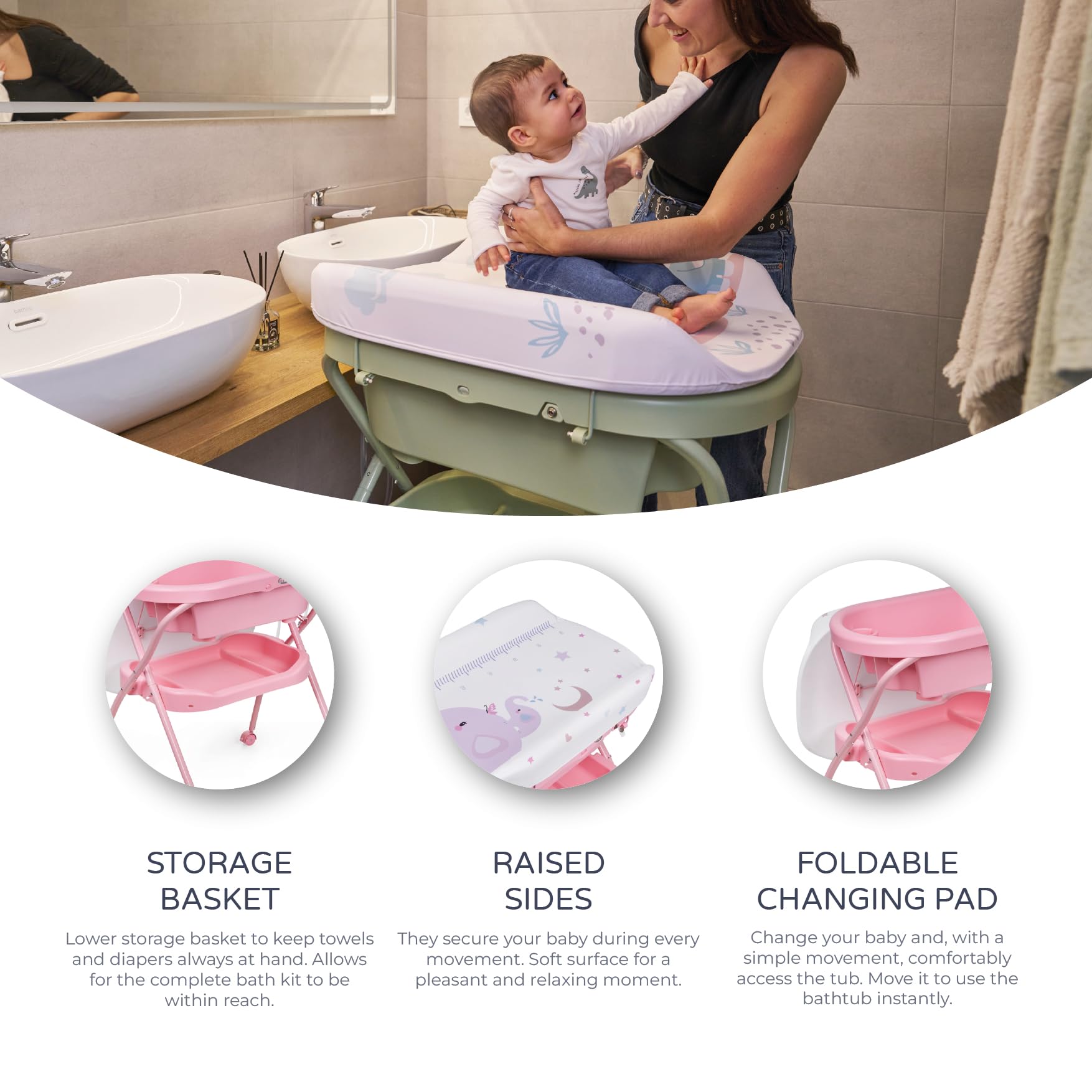 Ms Bubble + reduktor - Ergonomiczna wanna dla dzieci z nogami i wyściełanym przewijaniem z kompaktowym zamkiem błyskawicznym, organizer, 4 koła z hamulcami.