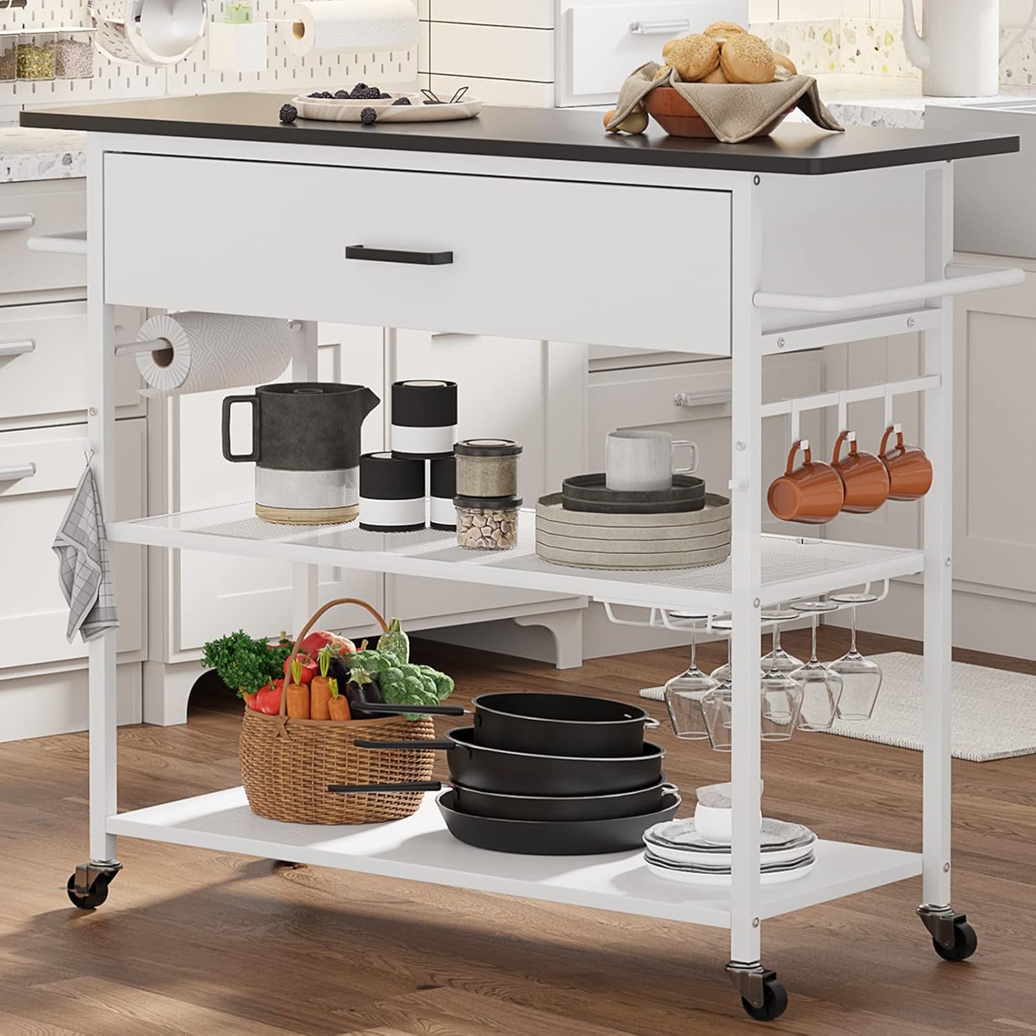Hasuit 3 Tier Kitchen Island Cart on Wheels with Large Drawer, Rolling Kitchen Serving Cart with Storage, Wine Glass Holder, Hang Hooks, Open Shelves, 39.4'' W x 15.8'' D