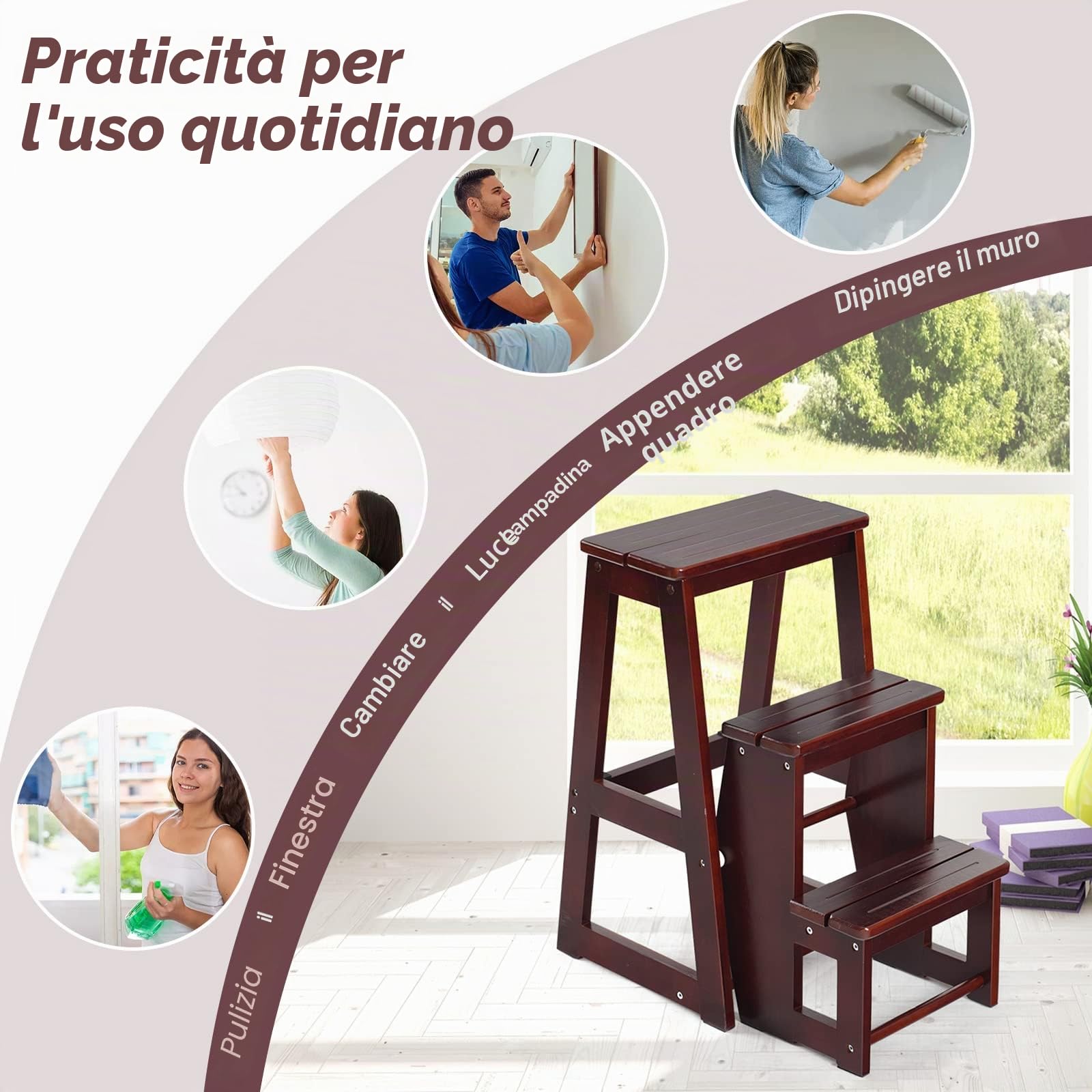 GIANTEX 2 in 1 Scaletta e Sgabello Legno, Sgabello Scala Pieghevole, a 3 Gradini, Portata di 150 kg, Richiudibile e Salvaspazio, Ideale per Soggiorno/Studio/Ufficio, 38,5x57x66 cm, 2 Colori