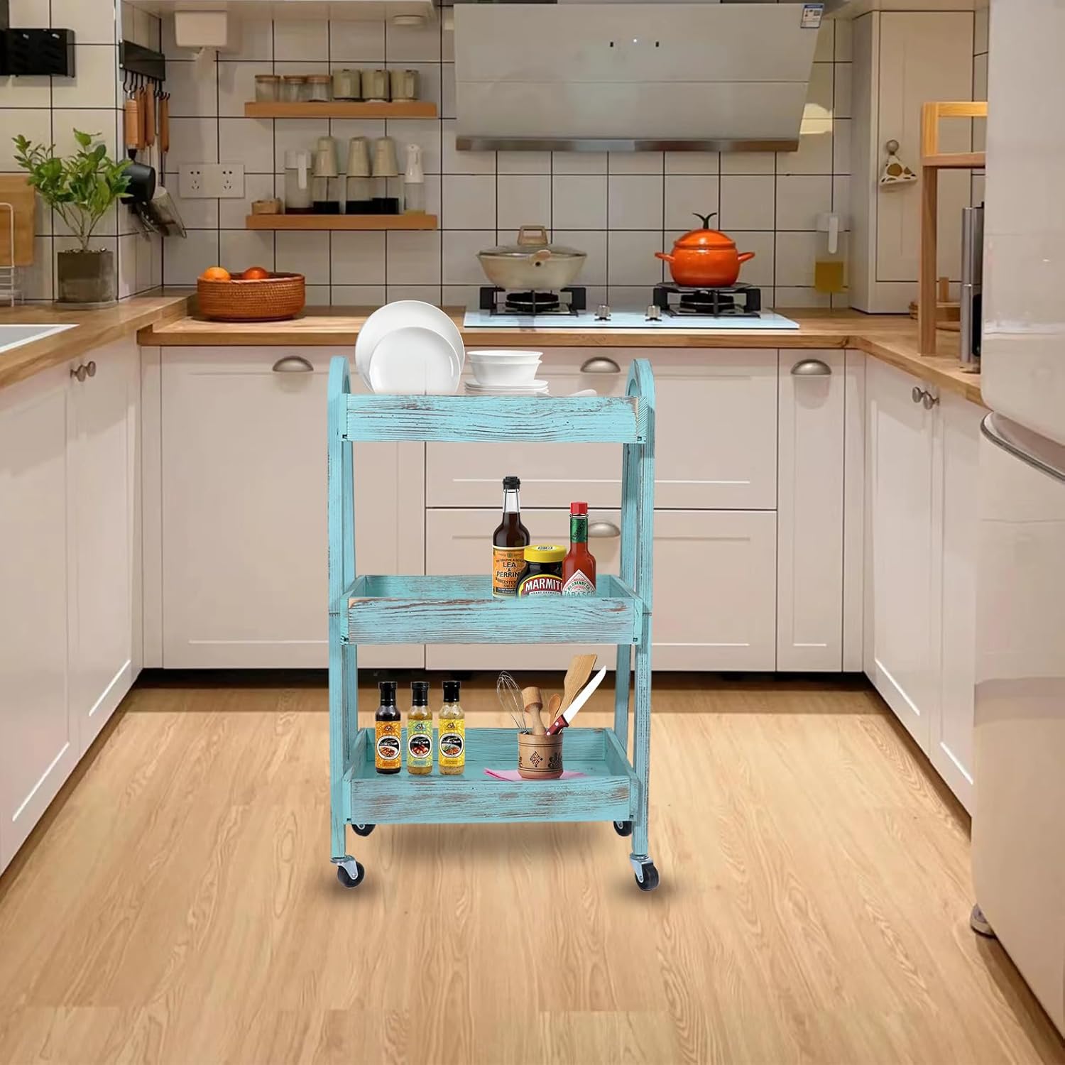 3-Tier Wooden Rolling Cart- Wooden Utility Cart wit Wheels- Utility Rolling Cart-Storage Trolley Organizer- Rolling Kitchen Serving Cart for Office,Kitchen, Kids' Room (Retro Blue)