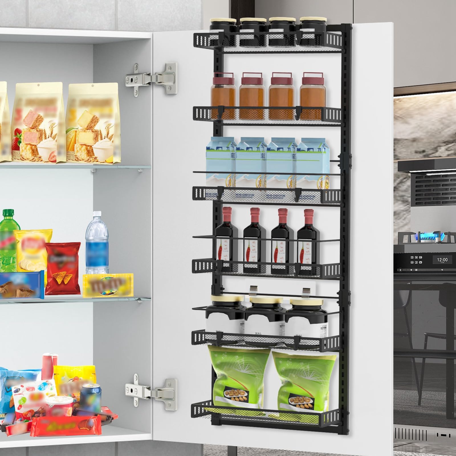 Moclever Ultimate Over-The-Door Organizer - 6-Tier Heavy Duty Spice Rack | 110lb Capacity | Adjustable Height | Dual Hanging/Wall Mount | Space-Saving Storage for Kitchen, Bathroom & Closet (Black)