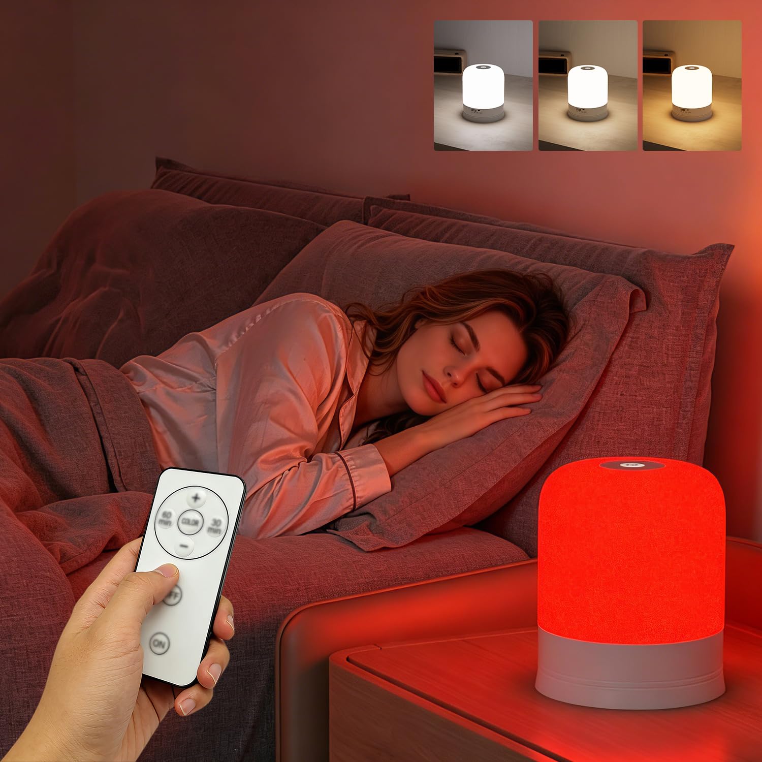 Luz nocturna de terapia roja para ayuda al sueño, lámpara de luz roja de 630 nm que promueve el sueño natural, luz nocturna recargable para dormitorios de adultos y niños