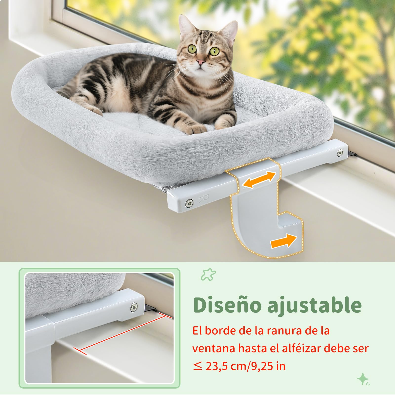 GUUSII HOME Hamaca Cama Gato Ventana para Gatos Camita Amaca Colgante Interior Gatito Grande Ajustable Sin Taladros ni Ventosas Fácil de Montar y Mover Soporta hasta 18kg(Gris,M)