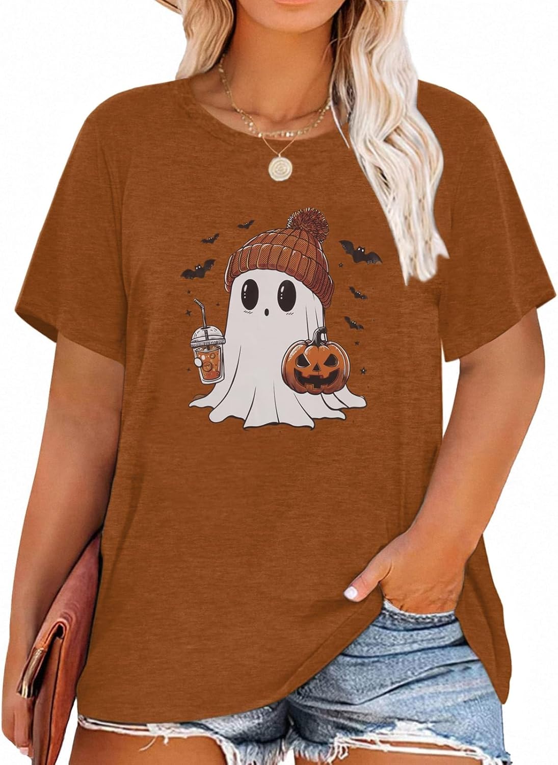 Plus Size Halloween Shirts for Women Cute Ghost Pumpkin Shirt Fall Spooky Graphic Coffee Lover Short Sleeve Tops