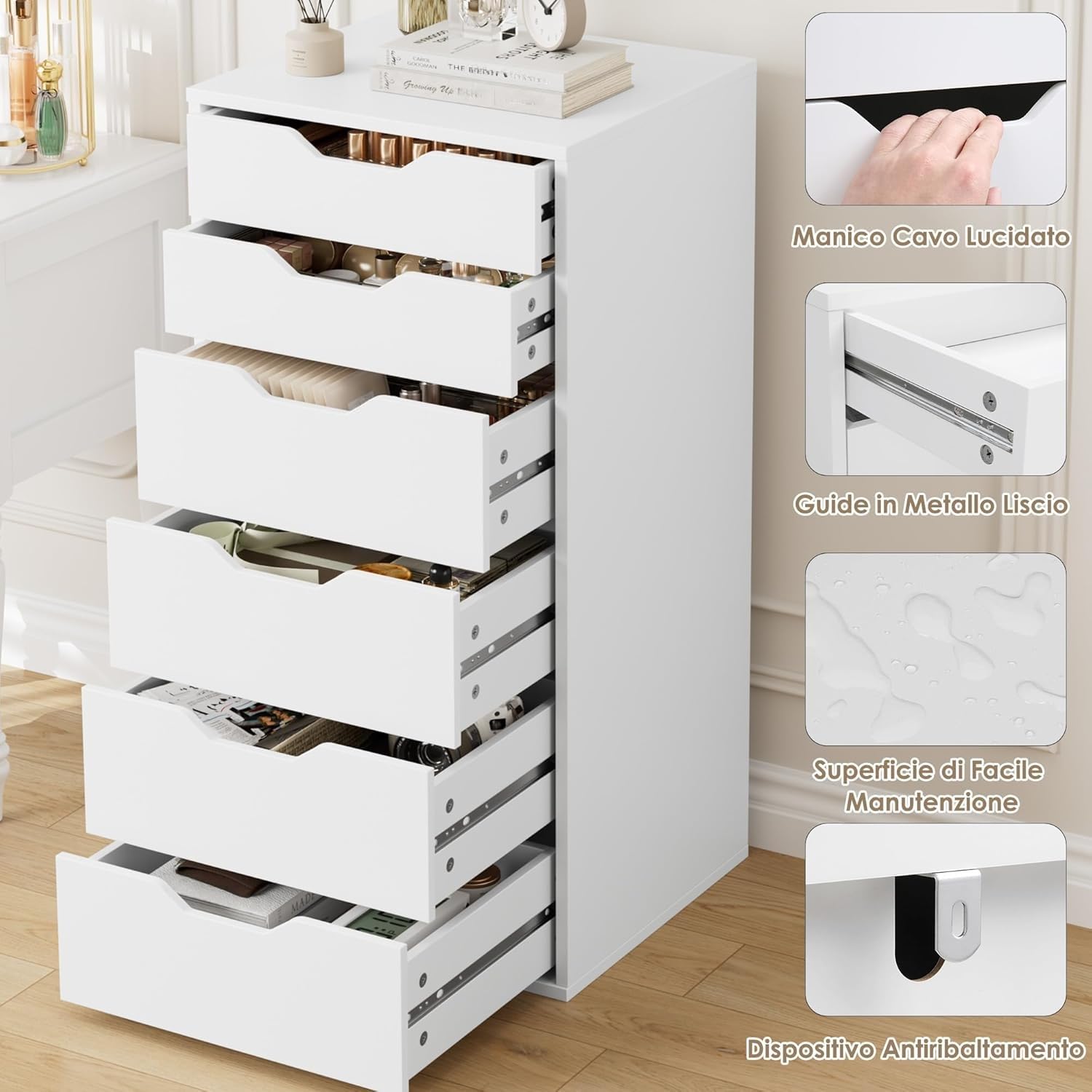 FOREHILL Cassettiera a 6 Cassetti, Cassettiera Camera da Letto Bianca, Comò con Cassetti Comodino in Legno, per Soggiorno, Camera da Letto, Corridoio, Cucina 40 x 45 x 90.5cm (Bianco)