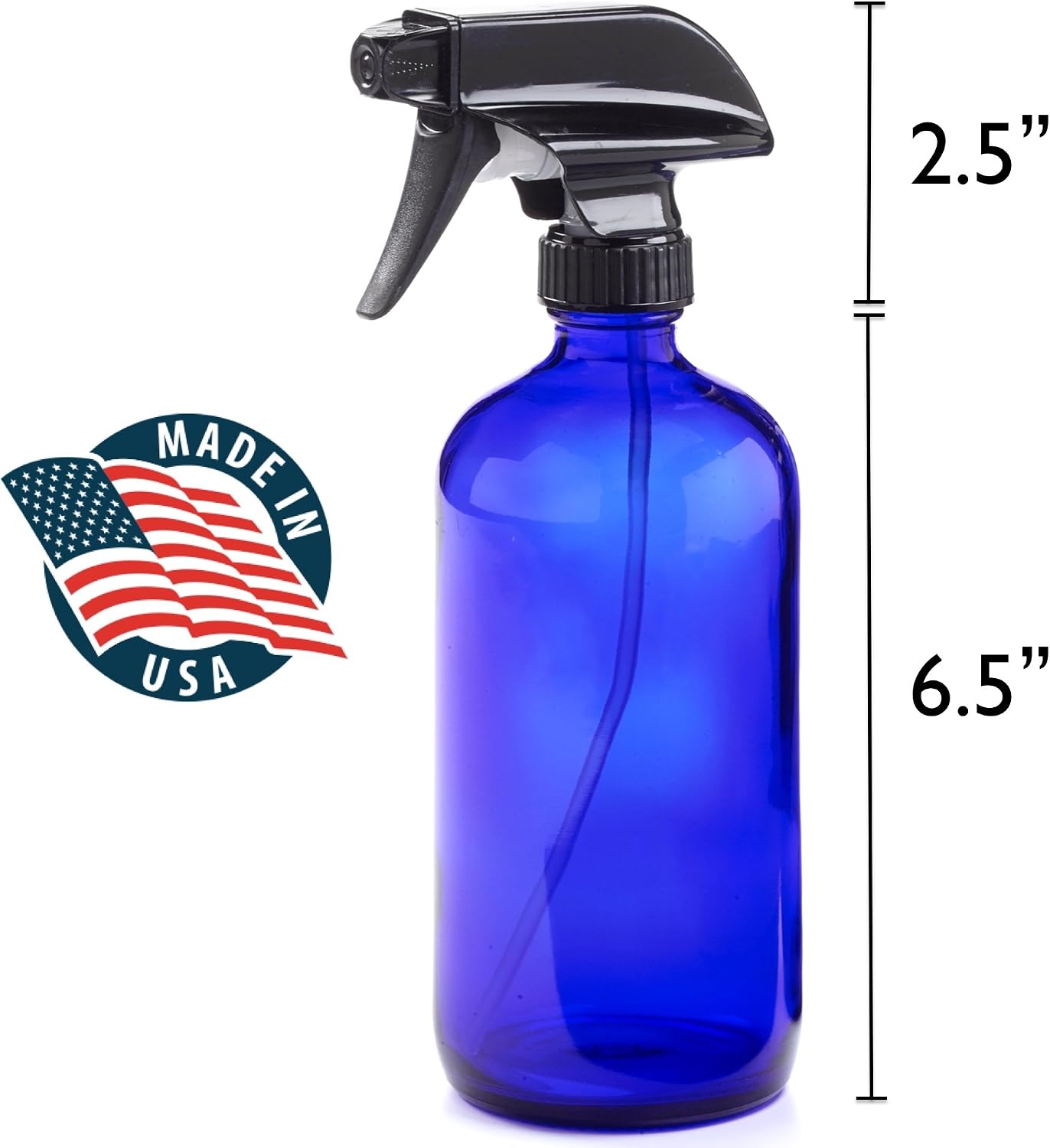 16oz Empty Cobalt Blue Glass Spray Bottles w/Labels and Caps- Mist & Stream Sprayer - Boston Round Heavy Duty Bottle - For Essential Oils, Cleaning, Kitchen, Hair, Perfumes (1 Pack)