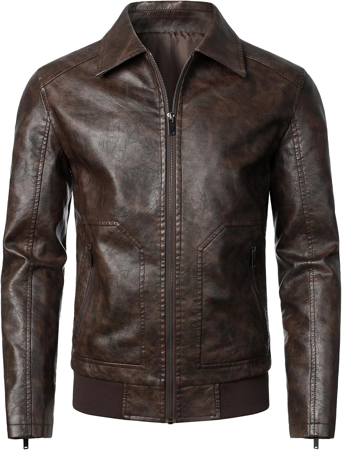HOOD CREW Mens Faux Leather Bomber Jacket Classic Style Motorcycle Jackets