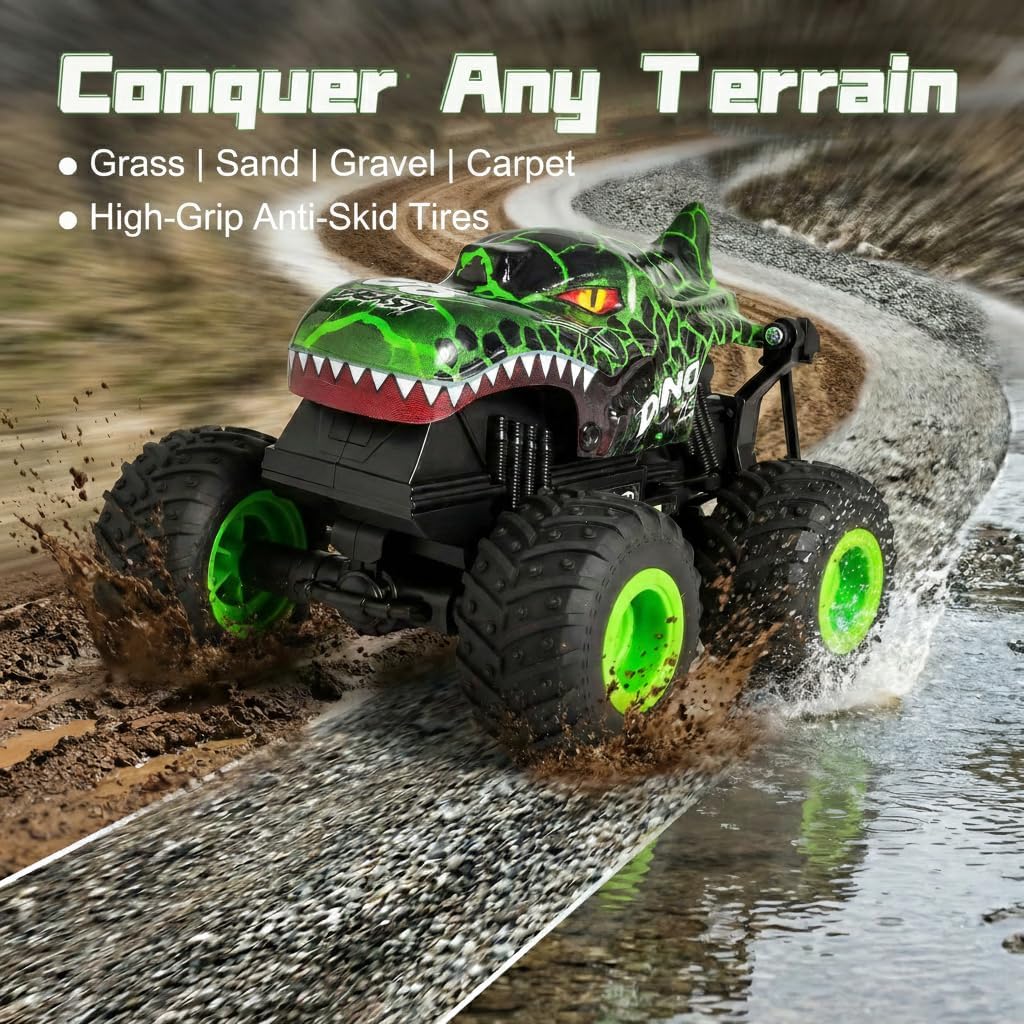 Remote Control Dinosaur Car for Boys 8-12, Sturdy 1:20 Scale RC Monster Truck with LED Lights & Roaring Sound, 2.4GHz All Terrain Off Road Toy Vehicle, Birthday Easter Gifts for Kids 8-12(Green)
