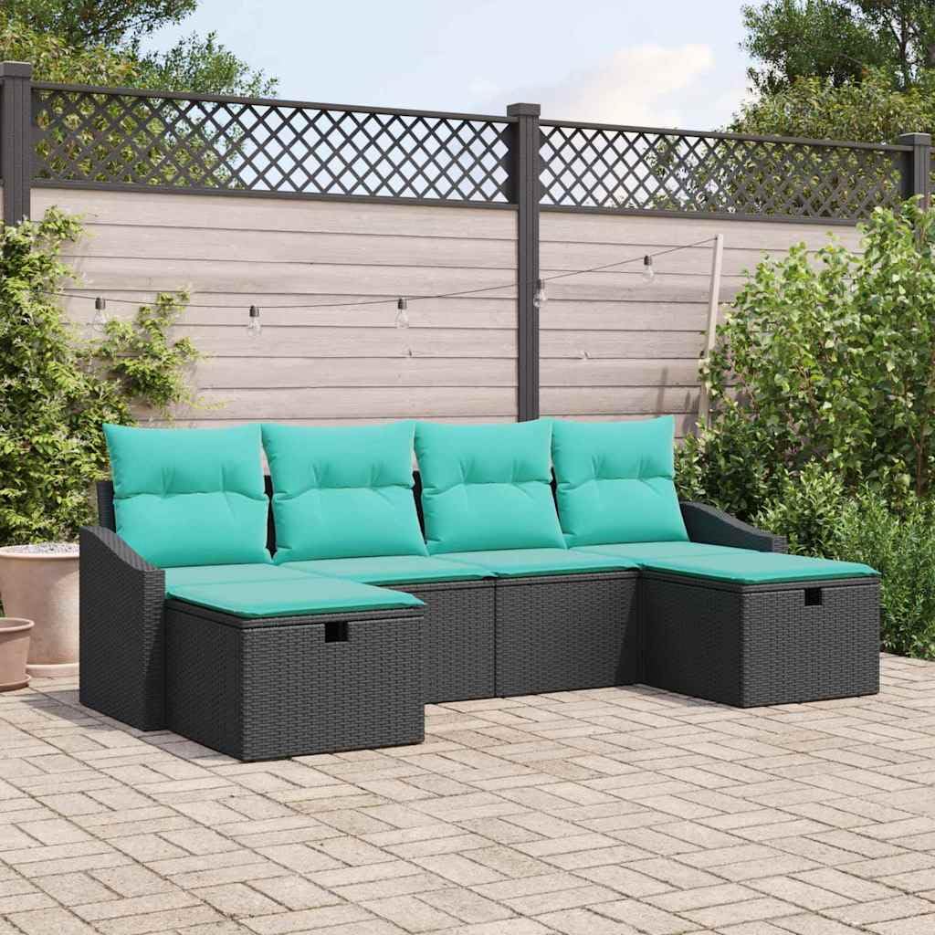 Ensemble de Canapé de Jardin 6 Pièces en Résine Tressée Noire, Salon de Jardin Modulable avec Coussins Amovibles pour Terrasse et Extérieur, Sièges d'angle et Repose-Pieds
