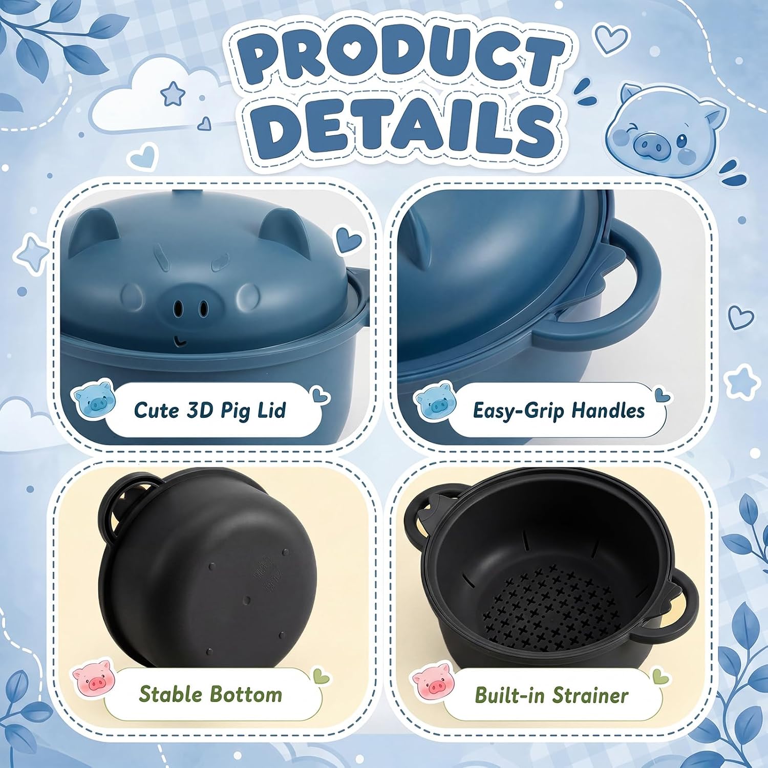 2 Sets 45oz Cute Pig Ramen Bowl Set Microwavable, Black, Dark Blue image 4