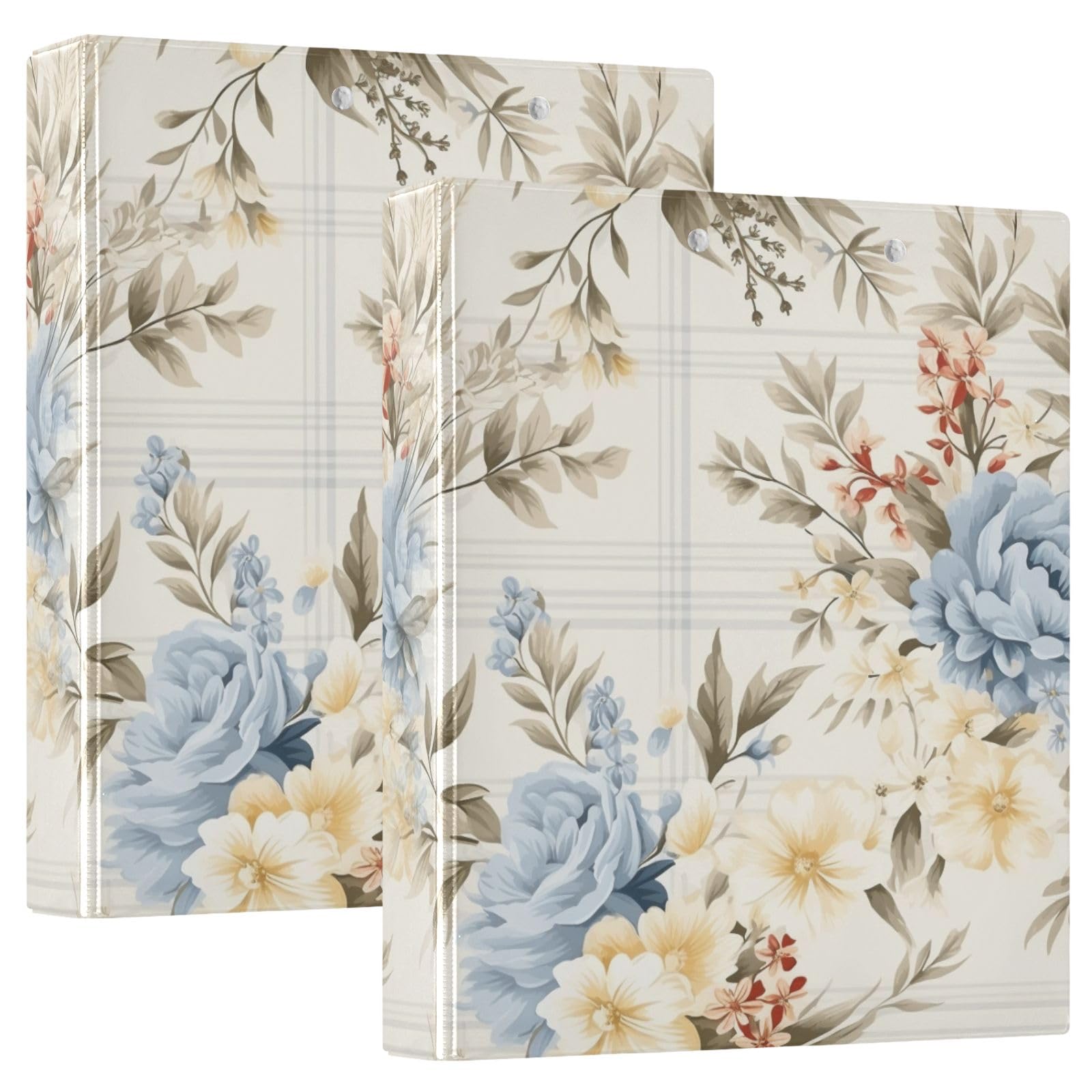 Classeur à 3 anneaux avec motif floral bleu à ressort de 3,8 cm - Anneaux ronds pouvant contenir 200 feuilles - Classeur à 3 anneaux avec clip en métal antidérapant