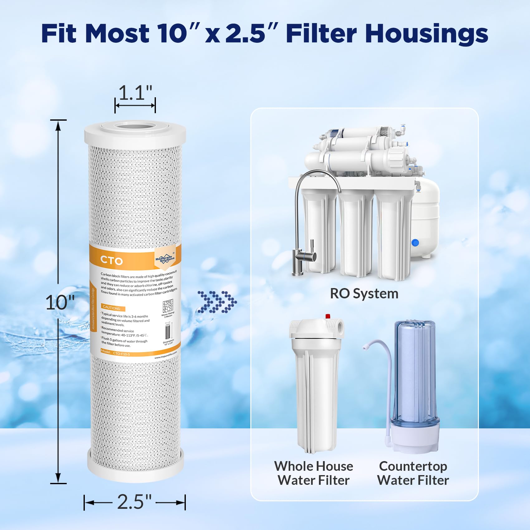 Membrane Solutions Filtre à eau en charbon actif 10"x 2,5", compatible avec le système de filtration domestique sous évier et sur le comptoir, filtration du goût, élimination du chlore, 4 Pack