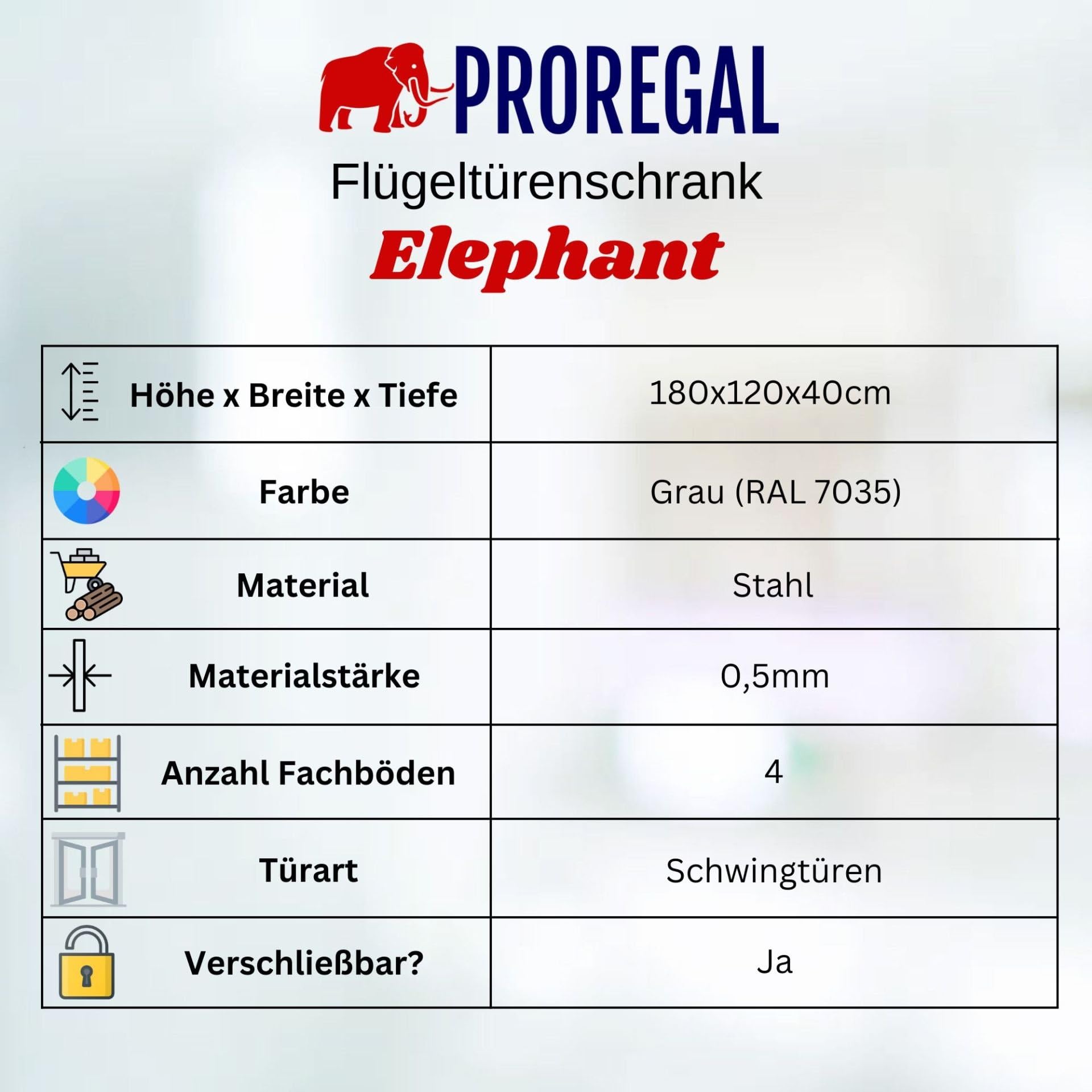 PROREGAL Armoire à Portes battantes Elephant entièrement monté classeur métallique verrouillable 2 Portes 180x120x40cm 4 Niveaux en Acier Gris Clair