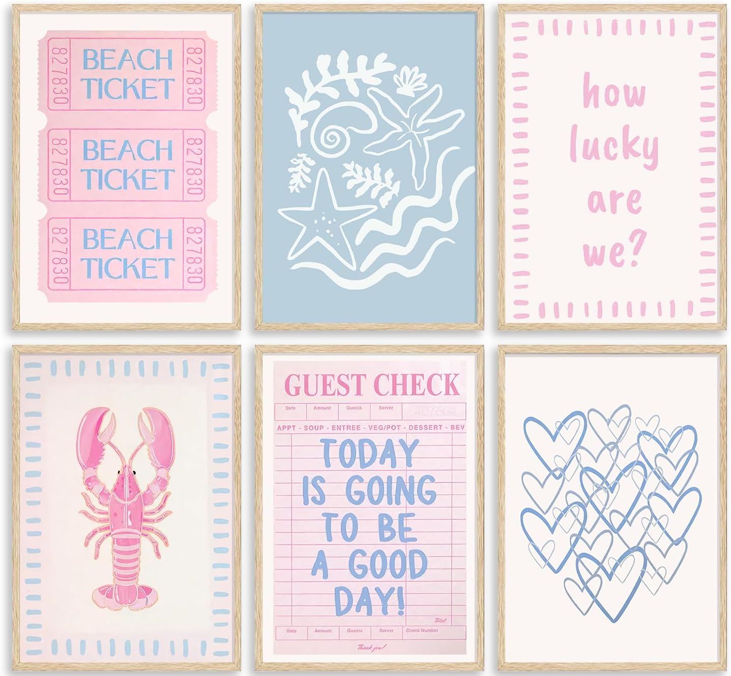 Pink Blue Beach Preppy Wall Art Coastal Granddaughter Aesthetic Summer Picture Wall Decor Trendy Beach Ticket Starfish Poster Lucky Heart Painting Print Artwork for Girly Room Dorm Apartment, Unframed