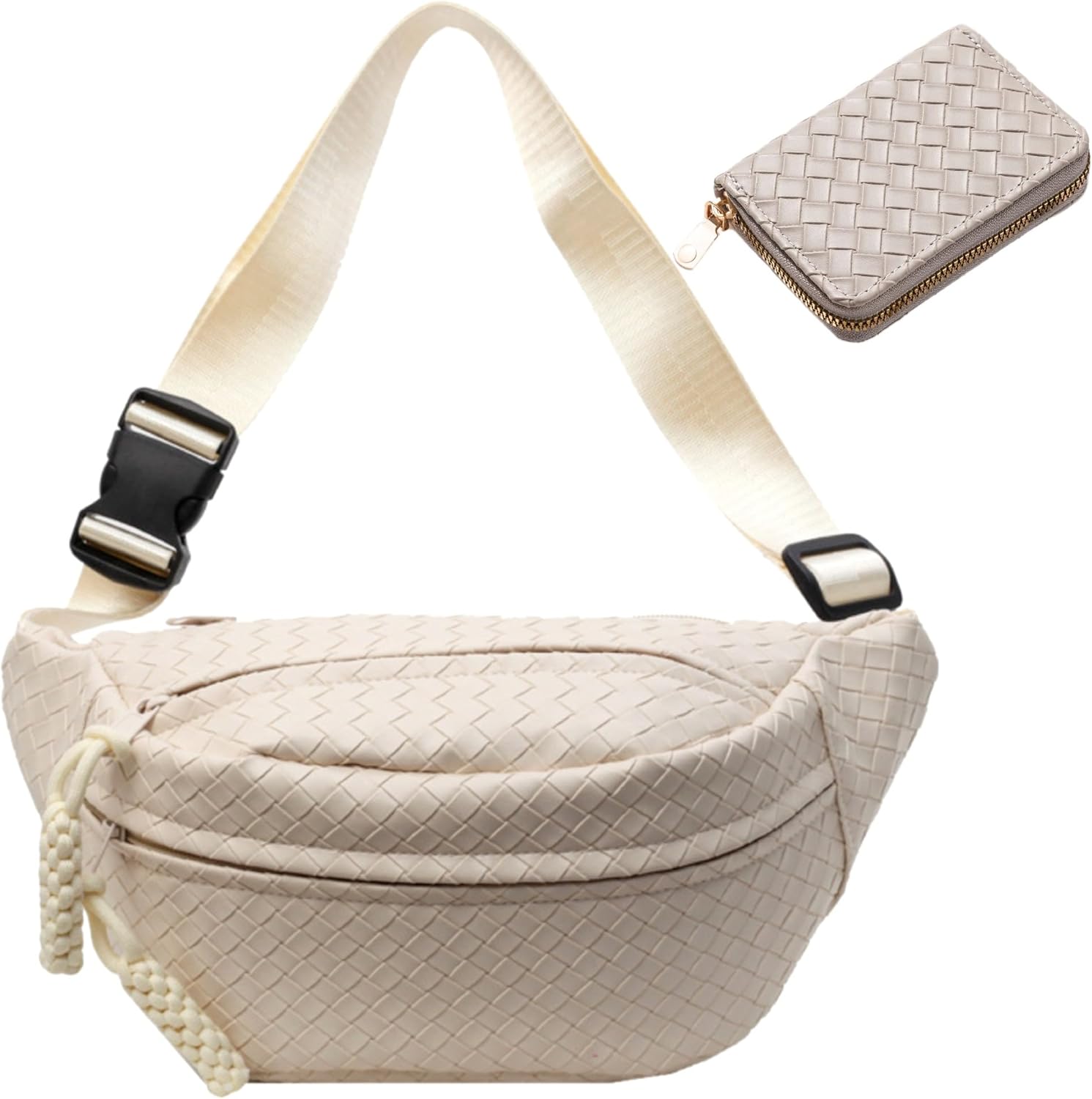Woven PU Leather Fanny Packs for Men and Women, Stylish Shoulder Sling Crossbody Purse Adjustable Strap, Unisex Bum Waist Bags for Festival Travel Shopping Outdoor (White, Medium)