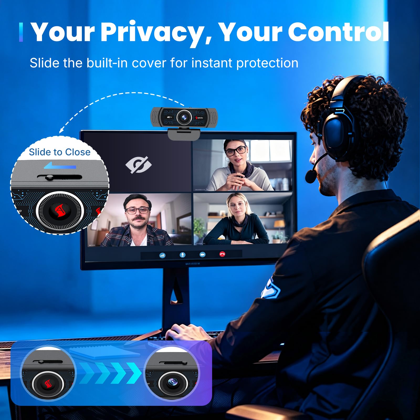 Angetube Webcam 4K pour PC, Web Caméra avec 2 Microphones, PDAF Automatique