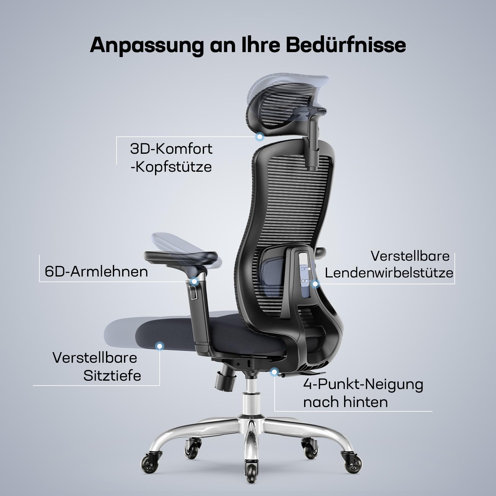 Marsail Bürostuhl mit 6D-Armlehnen, 3D-Verstellbarer Kopfstütze, Schiebesitz, Lendenwirbelstütze, 4-Position-Neigungsschloss – hoher und großer Schreibtischstuhl mit Kapazität von 150kg, Schwarz