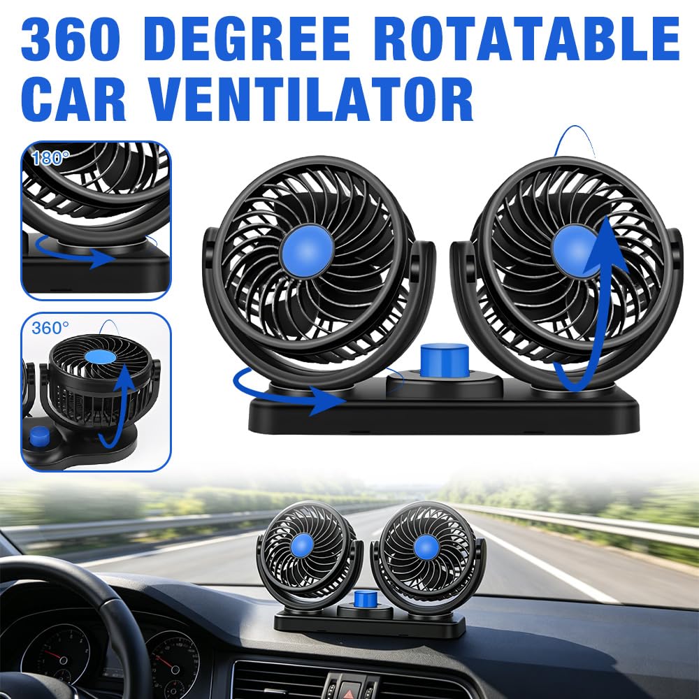 Wentylator samochodowy z podwójną głowicą 12 V, z podwójną głowicą, dmuchawa z 3 prędkościami, obracany o 360°, cichy wentylator do samochodów ciężarowych, łodzi, SUV-ów, kamperów