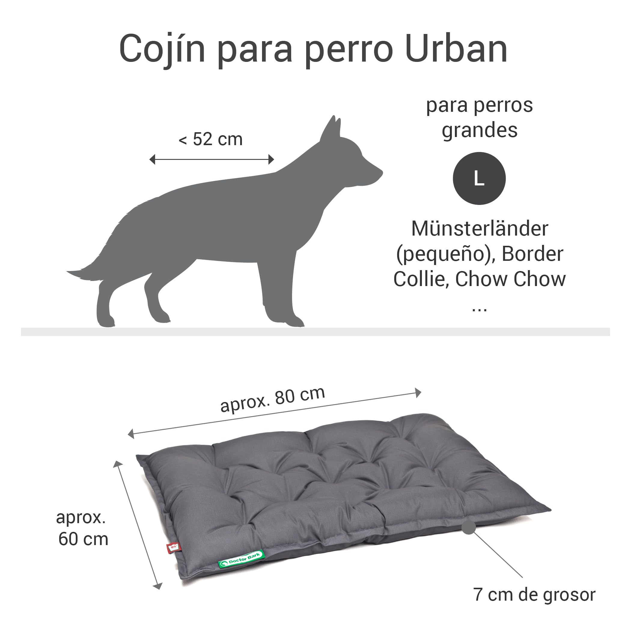Doctor Bark Cojín para perros Urban – Cama ortopédica para perros grandes – lavable hasta 95 °C – Colchón para perros robusto para interiores y exteriores – Fabricado en Alemania (L – 80 x 60 cm,