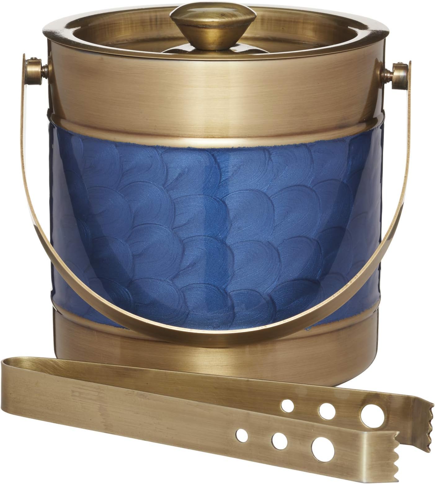BarCraft BCICBUCBLUBRS Midnight Luxe Ice Bucket with Lid and Tongs, Stainless Steel, Blue and Brass, 17 x 16.5 cm