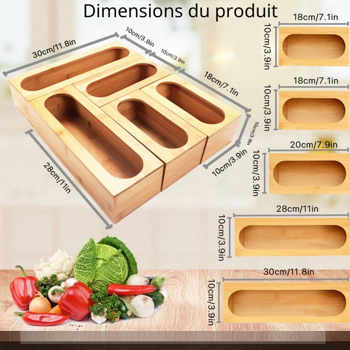 Generic - Organisateur de tiroir en bambou rustique - Contenant de stockage alimentaire - Sacs de différentes tailles - Compatible avec la plupart des marques