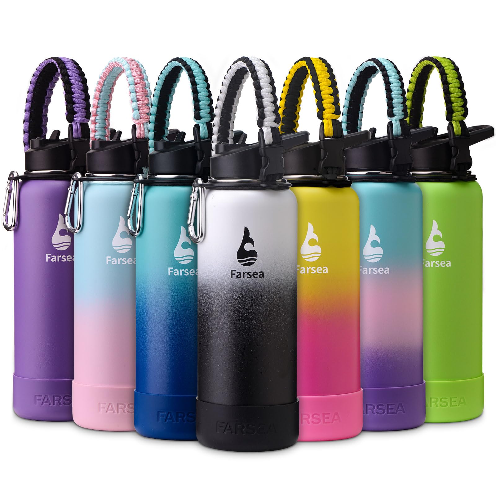Farsea Insulated Water Bottle With Paracord Handle, Protective Boot and 2 Lids (Straw Lid & Spout Lid), Stainless Steel Water Bottle Wide Mouth,