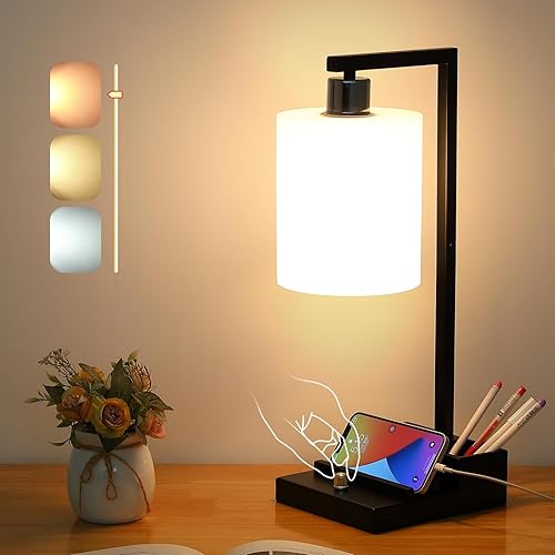 Miniatura 1 de Lámpara de mesita de noche regulable con puertos USB dobles y salida de CA, brillo y temperatura de color ajustables, soporte para teléfono y base
