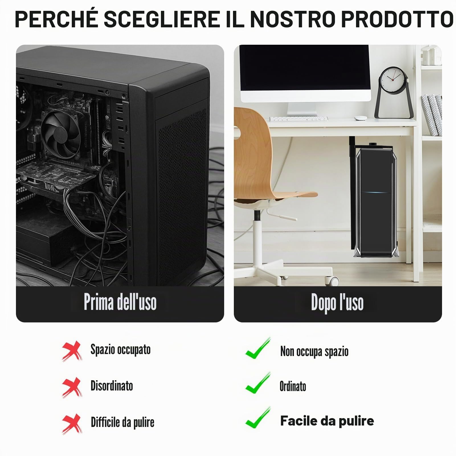Supporto per PC regolabile da tavolo o da parete, Staffa CPU Regolabile fino a 54,5 cm, Portata 35 kg, Struttura in Acciaio Robusto, Salvaspazio per Ufficio & Gaming