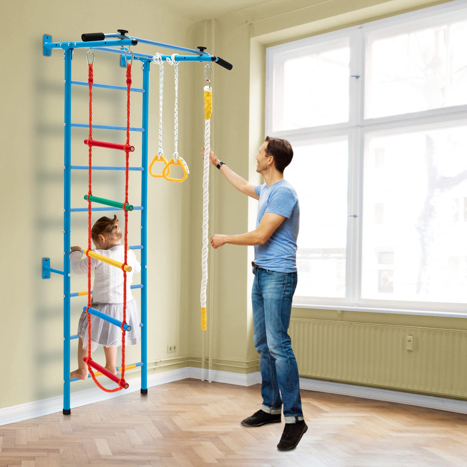 COSTWAY Kinder Kletterwand Sprossenwand Metall, Turnwand Gymnastikgerät Klettergerüst 107x83x223cm, Heimsportgerät für Kinder und Erwachsener bis 100kg