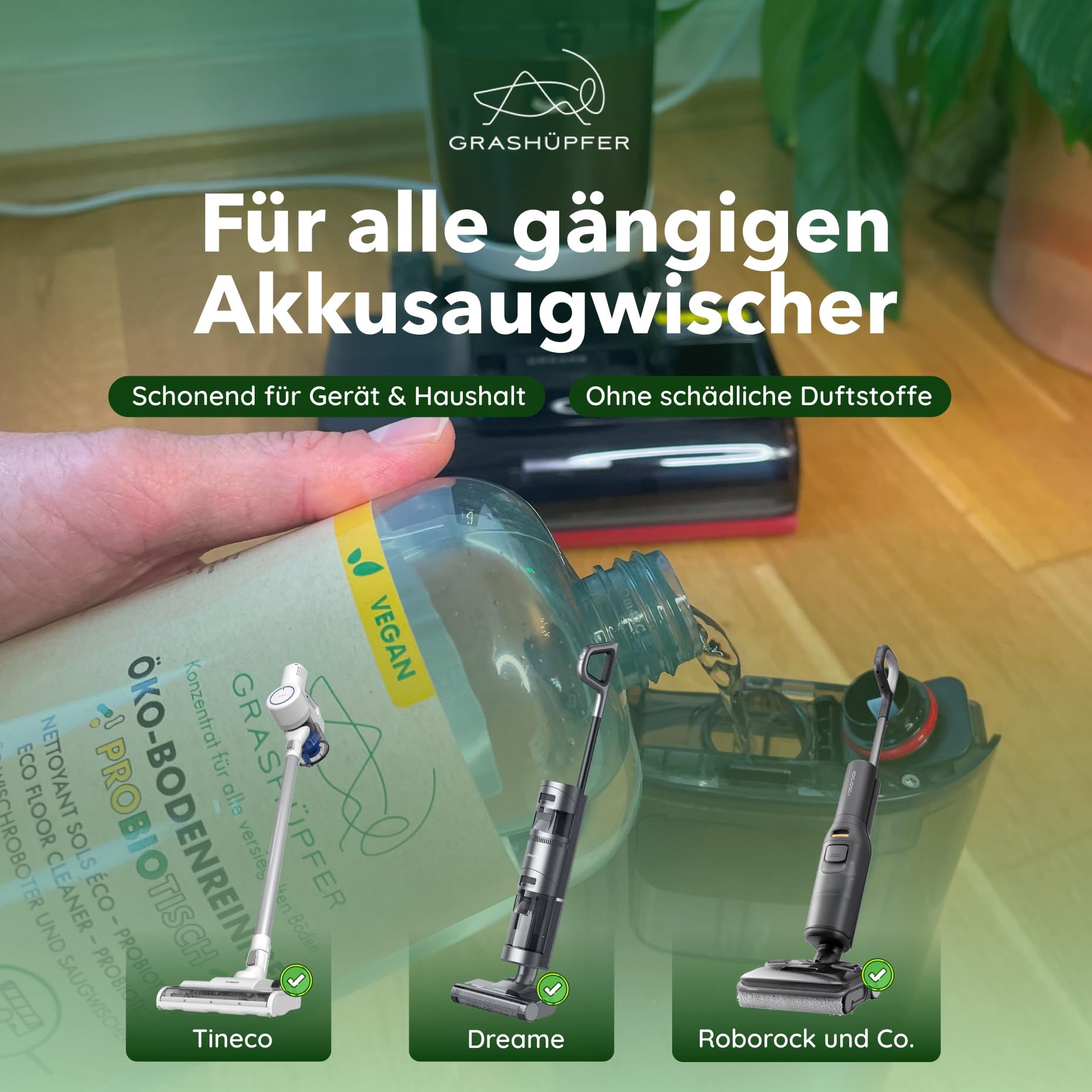 2er Set GRASHÜPFER® Probiotischer Öko Wischroboter Reiniger [FÜR TIERHAUSHALTE] – reinigt und entfernt Tiergerüche biologisch, für Wischroboter und Saugwischer [ZITRUSBLÜTE] - 2000 ml