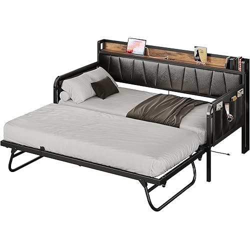 LIKIMIO Daybed with Trundle Bed, Twin Bed Frame with Storage Headboard and Charging Station, Sofa Day Bed with Strong Supports for Living Room, Bedroom, and Guest Room, Black