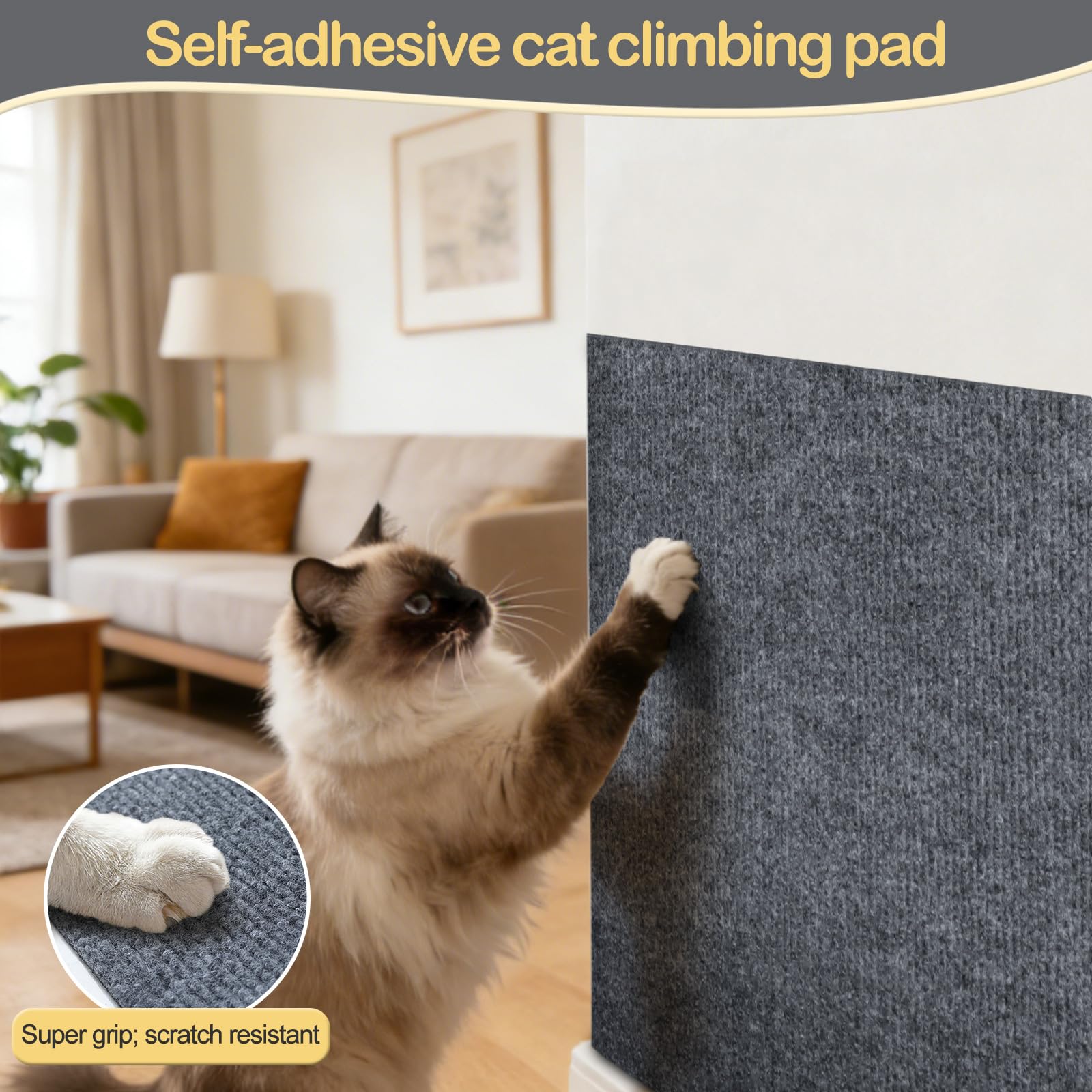 Alfombra Rascador para Gatos Autoadhesiva (200x30cm), Protector Sofá Gatos Antiarqueo Gris Oscuro, Tapete de Escalada DIY Recortable para Pared, Muebles y Repuesto de Árbol de Gato (Grosor 4mm)