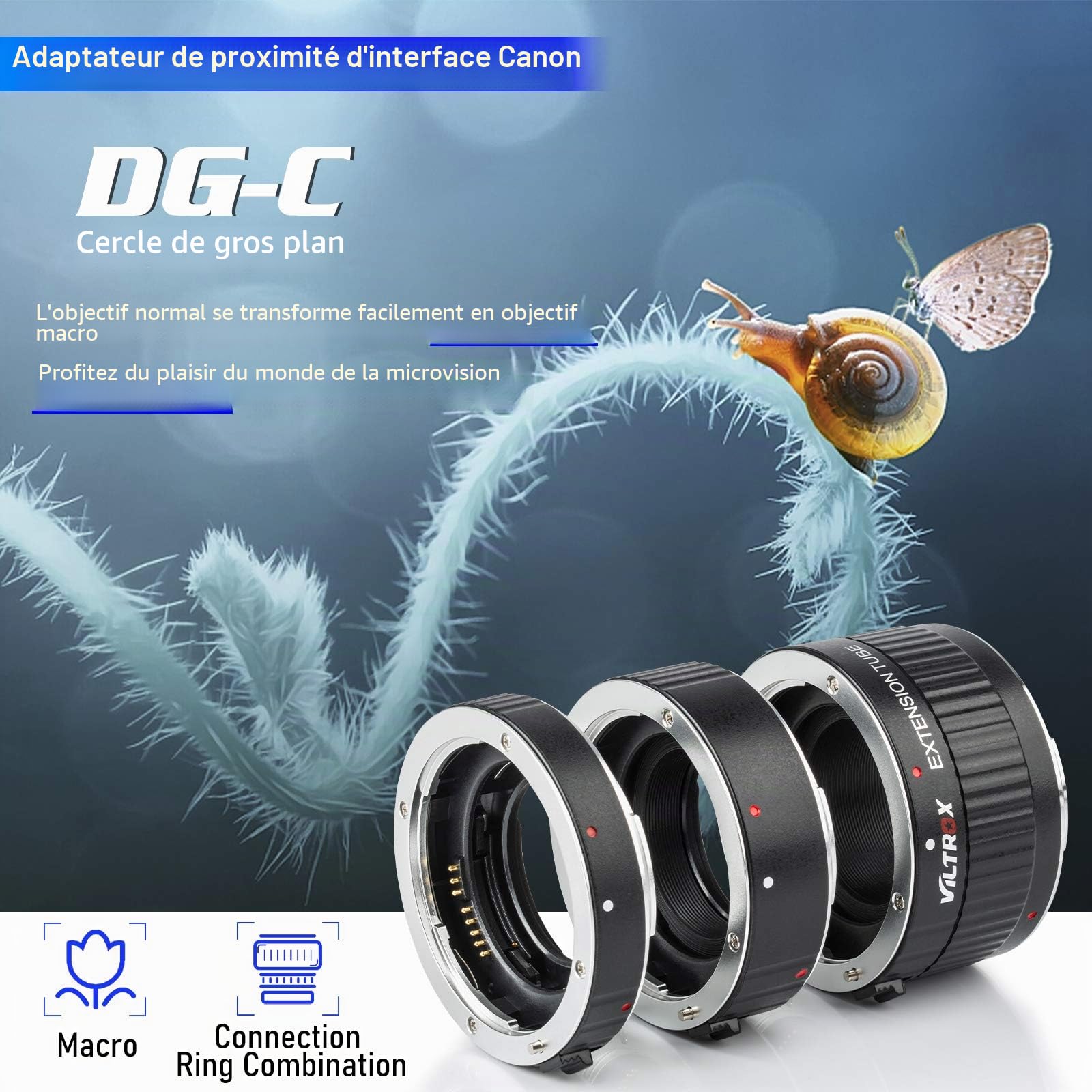VILTROX DG-C Tube d'Extension Macro à Mise au Point Automatique à Montage en Métal Adaptateur Anneau (12mm + 20mm + 36mm) pour Canon EF EF-S 5D 6D 7D 760D 700D 80D 70D 100D 1300D Appareil Photo