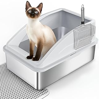 FURTIME Stainless Steel XXL Cat Litter Tray 37 L Large Capacity Leak-Proof Against Spills Cat Litter Tray with Metal Cat Litter Scoop 60 x 40 x 31 cm (Silver Grey) product image