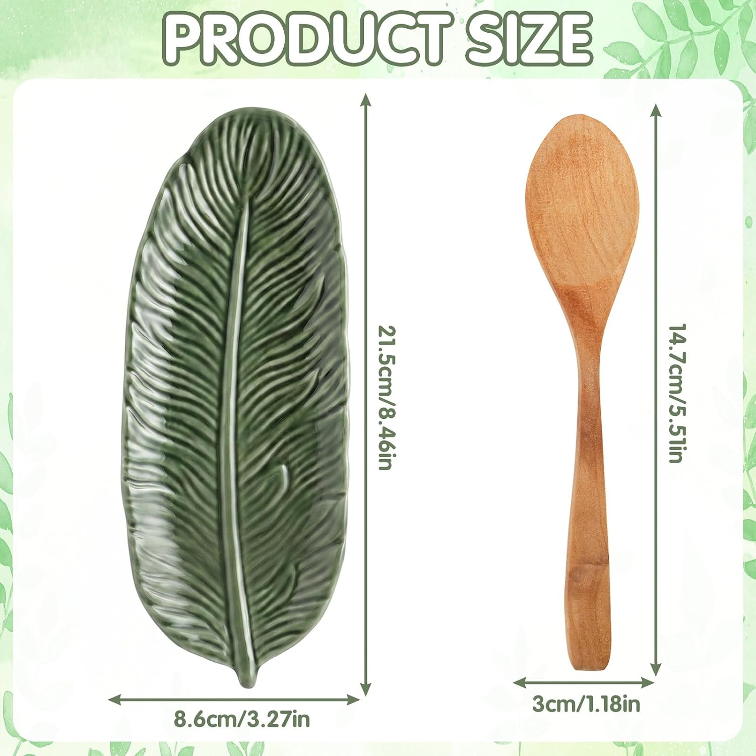 Green Leaf Spoon Rest - Cute Green Leaf Ceramic Countertop Holder with Wooden Spoon, Practical Utensil Rest for Stove Top Home Kitchen Decor image 2