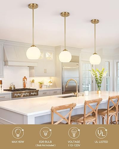 Miniatura 2 de Emak PL119-GD-ML-2PK - Lámpara colgante de globo de 7 pulgadas con pantalla de vidrio de leche, 1 luz colgante para isla de cocina, baño, comedor,