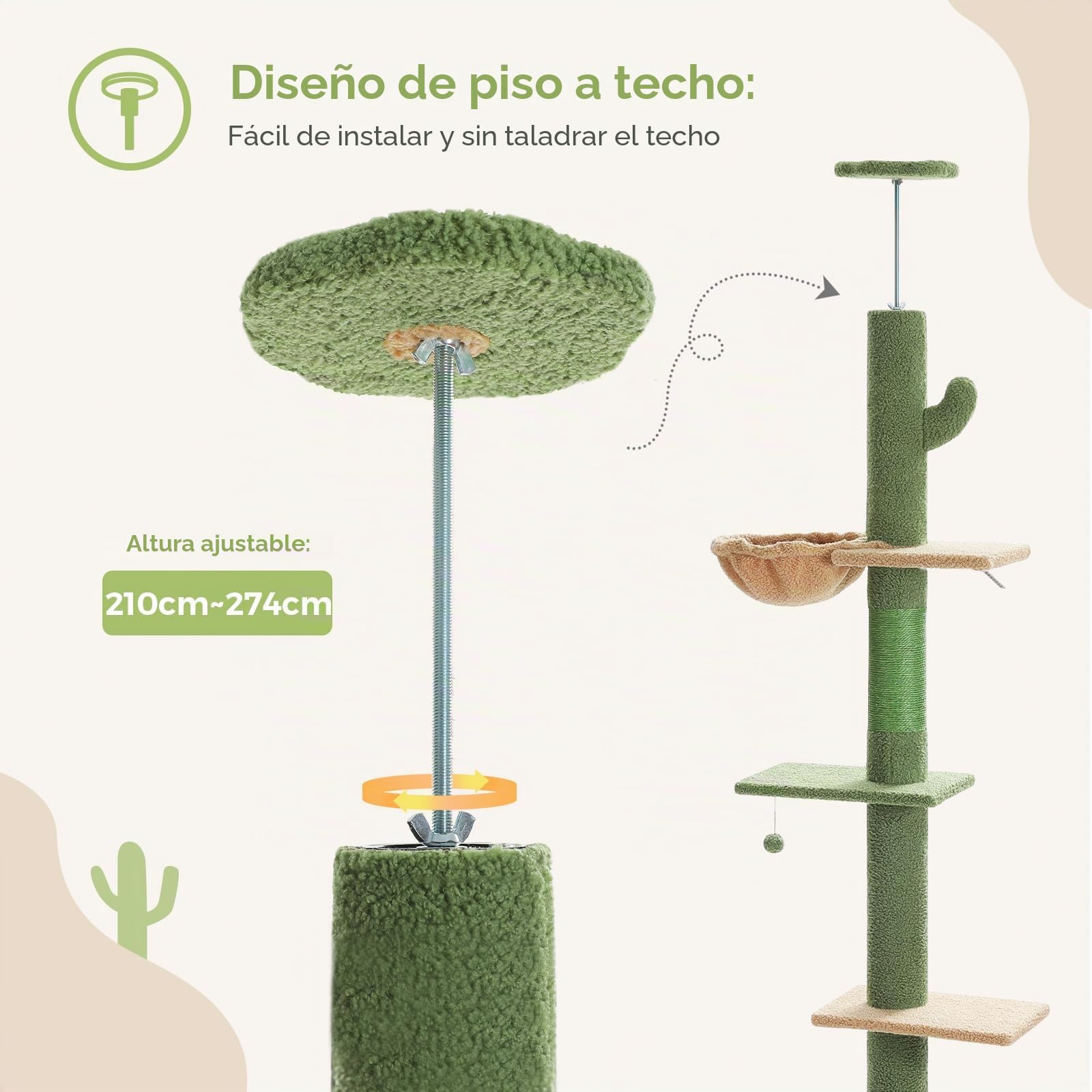 PAWZ Road Árbol de Cactus para Gatos de Piso a Techo con Altura Ajustable de 216 cm a 273 cm, Torre para Gatos con Amplio Espacio de Actividad con Hamaca y un condominio