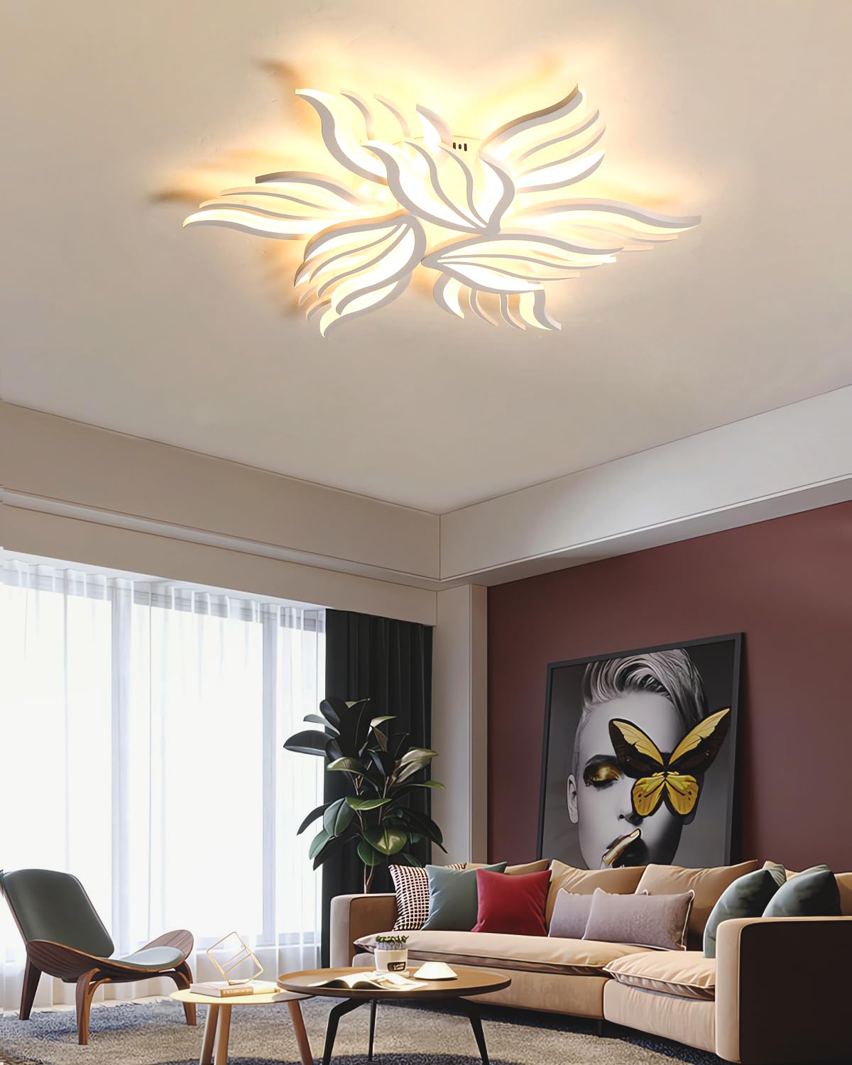 MOMOYY Modern LED Ceiling Light,Dimmable Creative Flower Shape Design Ceiling Lamp,Acrylic Living Room Pendant Lights, for Bedroom Kitchen Dining Room Office LED Ceiling Lamp (White, 85CM)