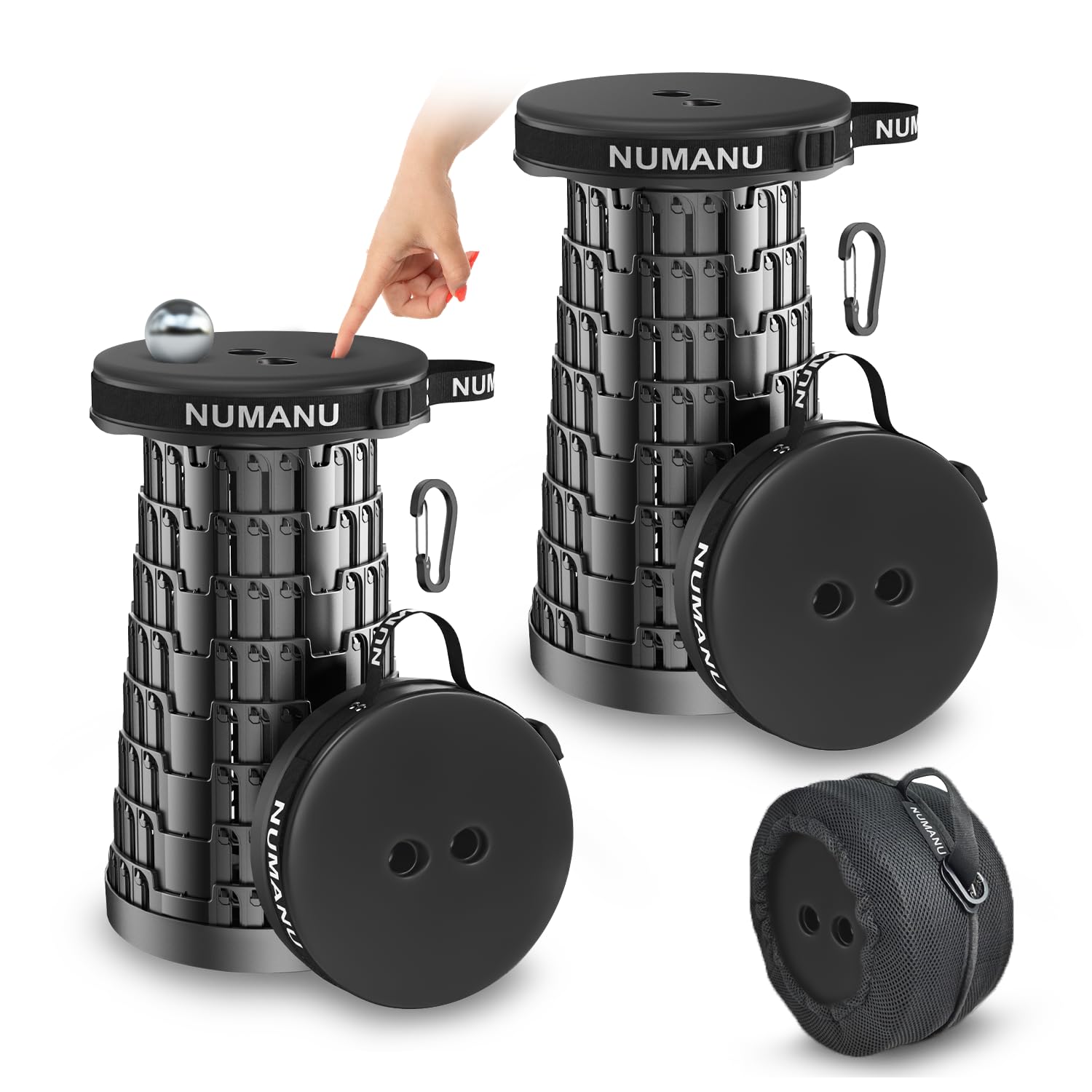 NUMANU 2PK 2026 Upgraded Padded Collapsible Stool, Max 620lb 18" Adjustable Portable Folding Stool for Adults, Retractable Foldable Telescopic Seat