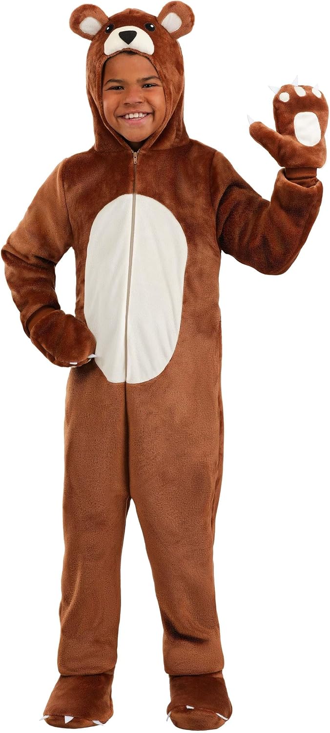 Kids Wild Teddy Bear Costume | Hooded Animal Jumpsuit with Paw Mitts and Shoe Covers for Halloween or Dress Up