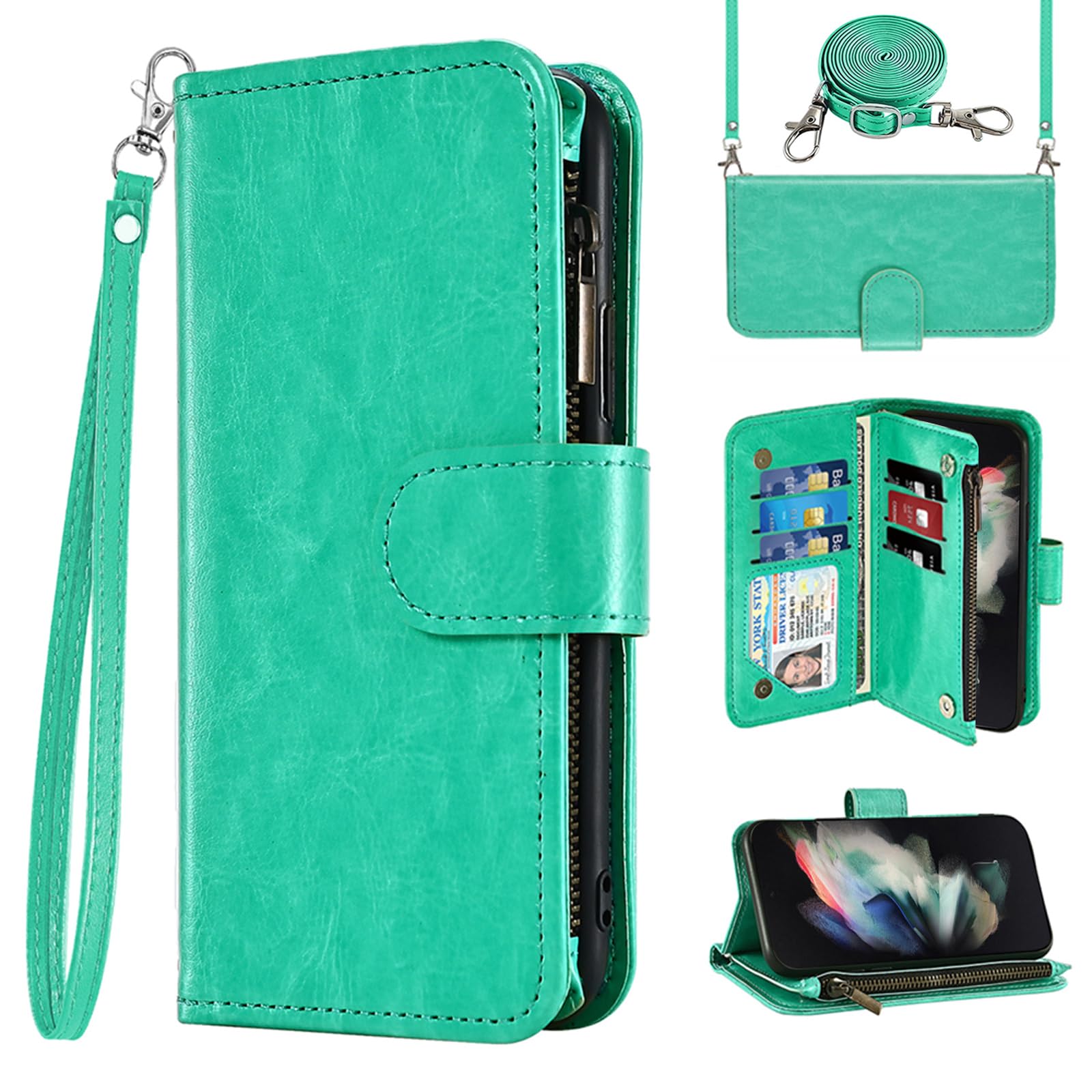 Phone Case for Samsung Galaxy Z Fold 3 5G 2021 Wallet Cell Cover with Crossbody Strap Flip Zipper Card Holder Slot Credit Stand Mobile Accessories