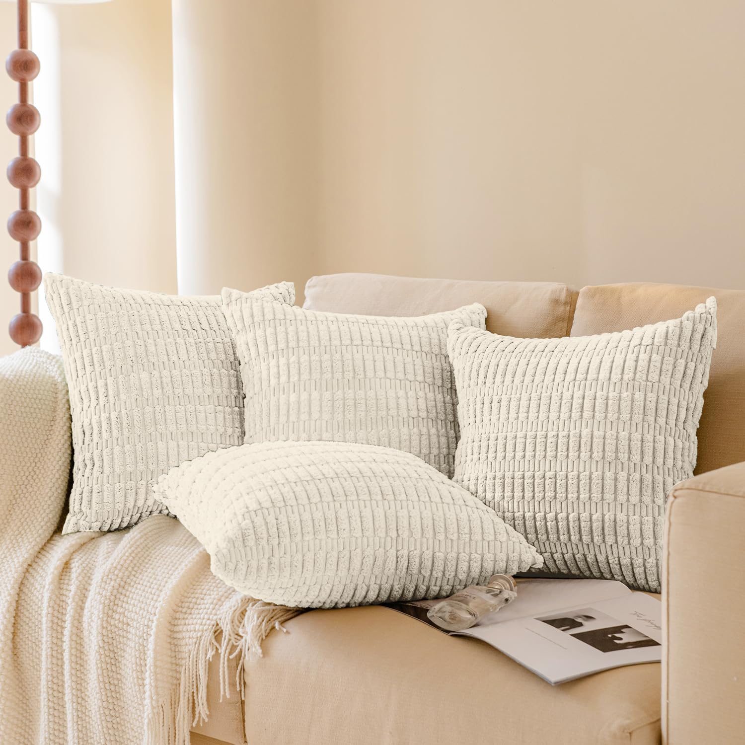 Softalker Throw Pillow Covers 18x18 Inch, Set of 4, Corduroy Soft Striped Farmhouse Boho Pillow Cover, Modern Decorative Cushion Pillow Case for Couch Sofa Bedroom Living Room, Cream