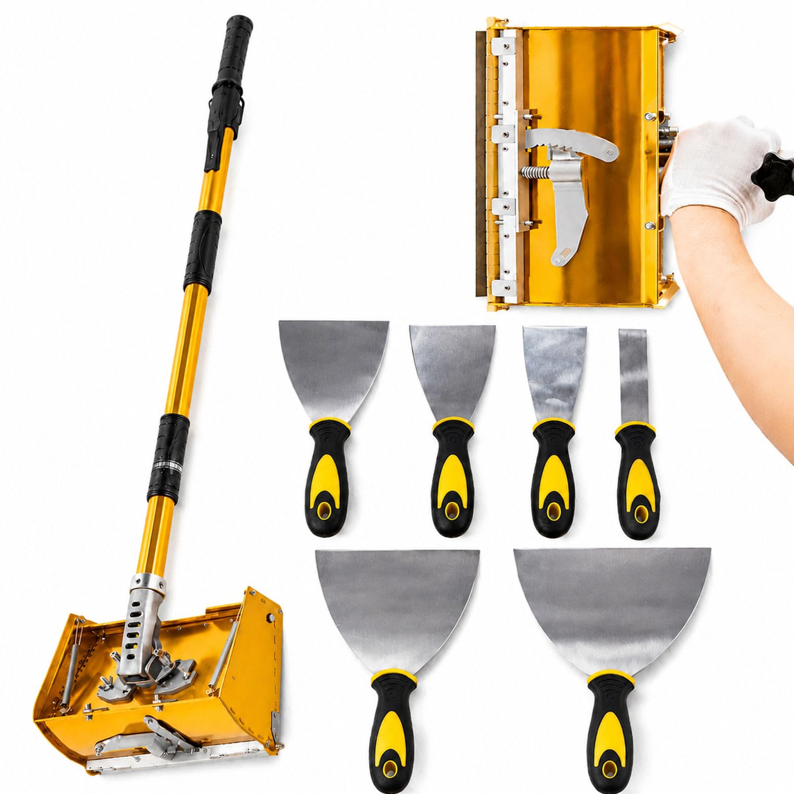 Pudełko do wykańczania płyt gipsowo-kartonowych 10'', aluminiowe pudełko do szpachli z regulowaną wysokością uchwytu 98-180 cm z 6 nożami do płyt gipsowo-kartonowych