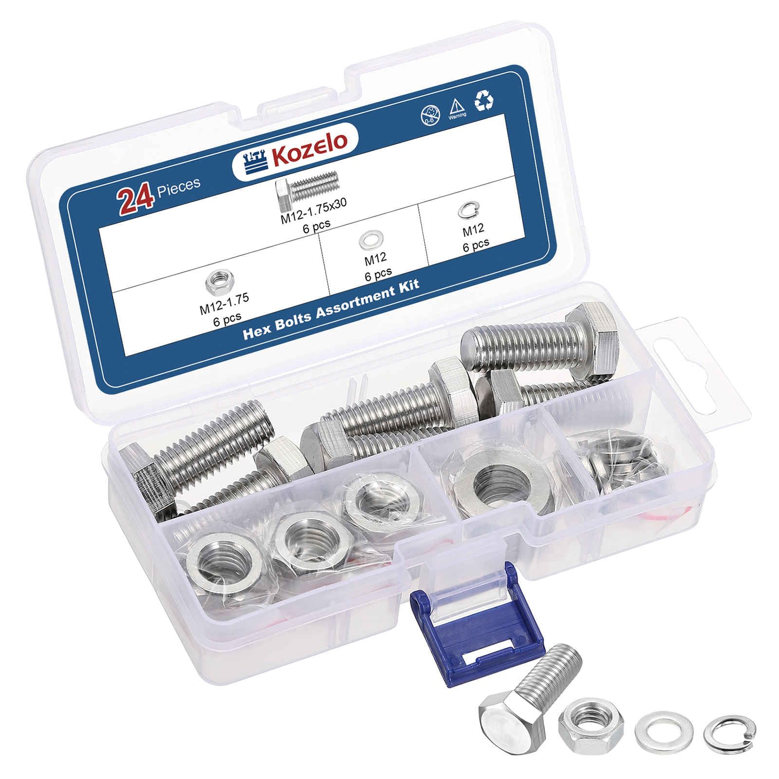 Kozelo 24 Pcs Bolts and Nuts Washers Kit - [M12-1.75x30] 304 Stainless Steel Hex Tap Bolt Assortment Fully Threaded Hexagon Head Machine Bolts Right Hand External Hex Drive, Silver Tone — image 1
