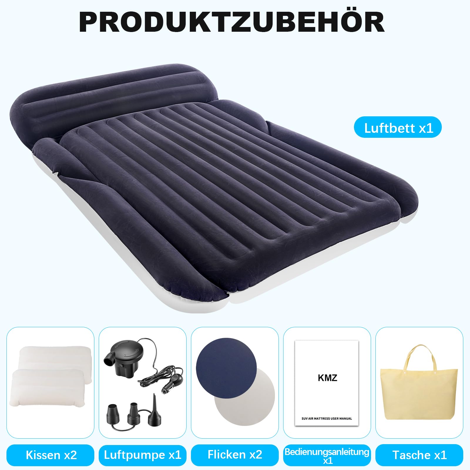 KMZ SUV Luftmatratze mit 2 Kissen – Dickere und Beflockung Auto-Bett – Bewegliche Reisen Matratze für Camping & Outdoor – Schnelles Aufblasbare & Entleeren mit elektrische Luftpumpe