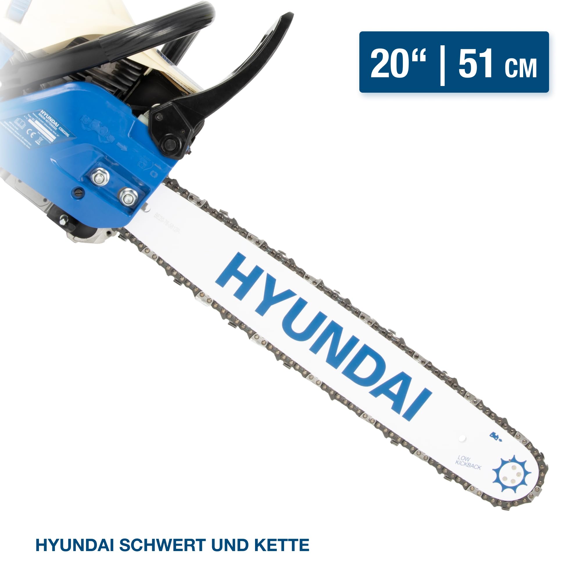 HYUNDAI Benzin-Kettensäge CS6220G | 51 cm/20" HYUNDAI Schwert und Kette | Motorsäge, Motorkettensäge, Benzinsäge | Hubraum 61.5 cm³ | 3.9 PS Leistung | inkl. Werkzeugset