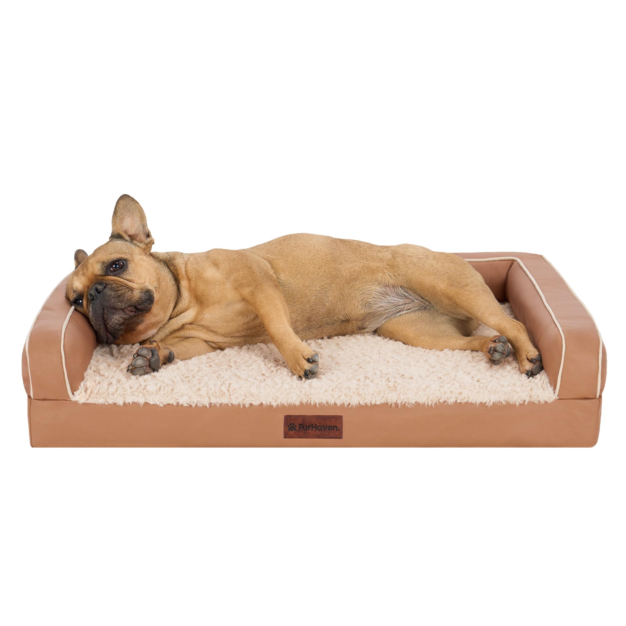 Furhaven Orthopedic Dog Sofa Bed – Memory Foam Couch with Bolsters, Textured Plush & Water-Resistant Cover, Washable Cover, Joint Support - Camel,
